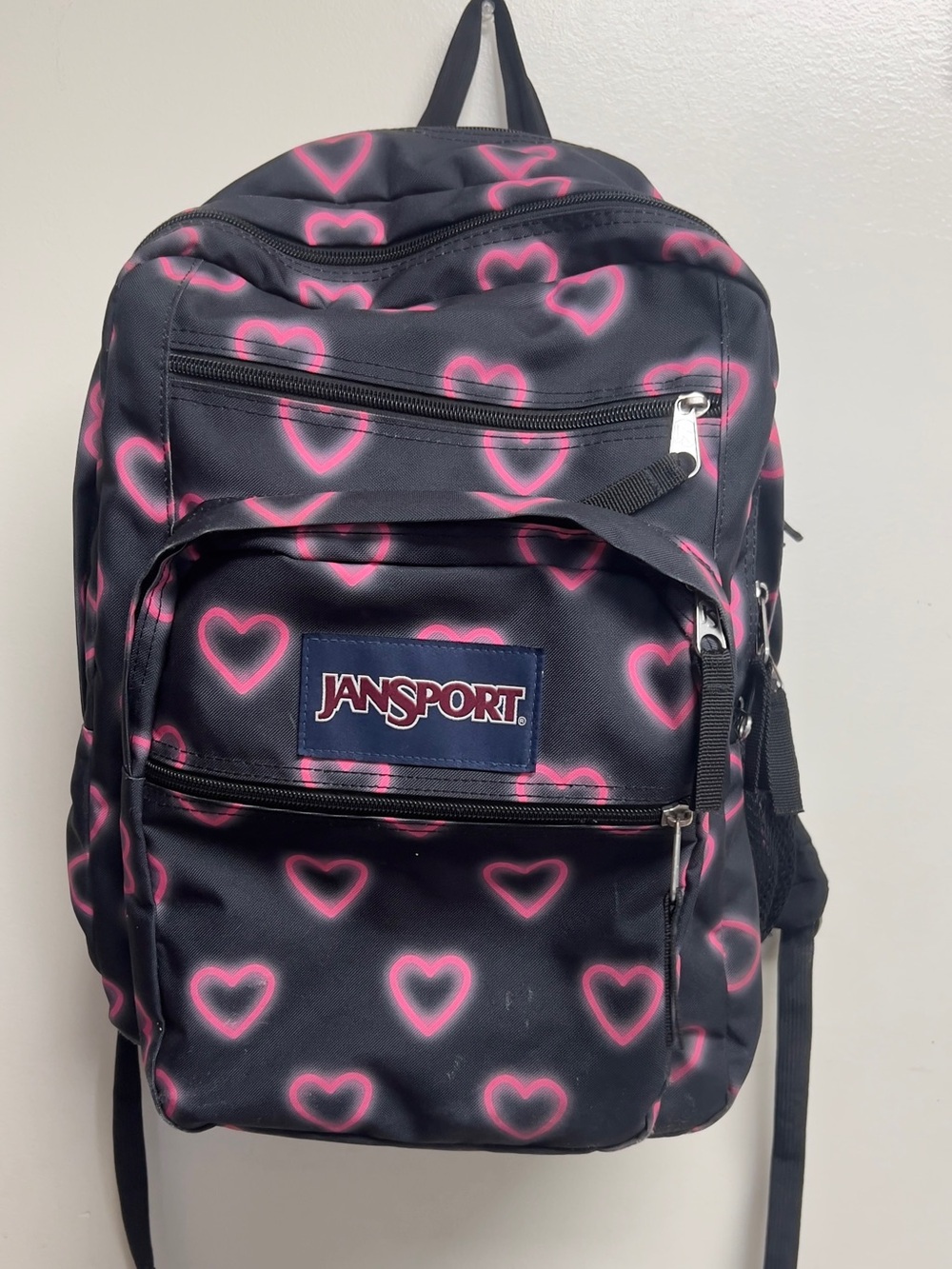Jansport Black Backpack with Pink Heart Print